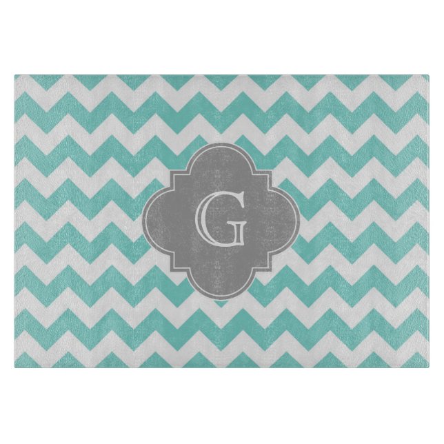 Turq / Aqua Vit Chevron Grå Quatrefoil Monogram (Framsidan)