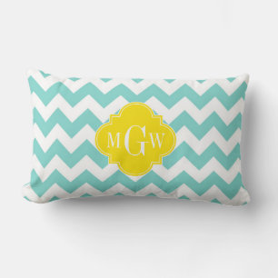 Turq / Aqua Vit Chevron Gul 3 Initialer Monogram Lumbarkudde