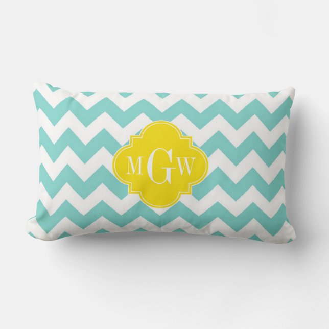 Turq / Aqua Vit Chevron Gul 3 Initialer Monogram Lumbarkudde (Framsida)