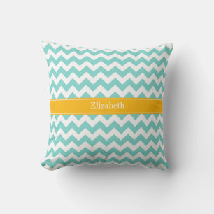Turq / Aqua Vit Chevron Guldstång Namnmonogram Kudde