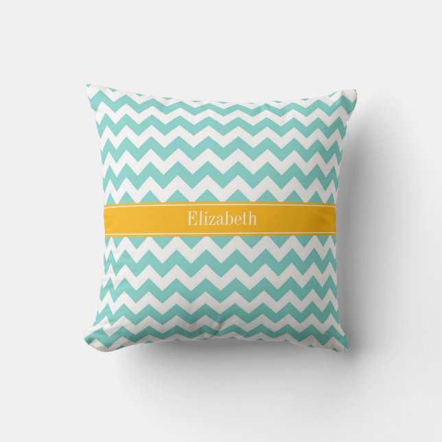 Turq / Aqua Vit Chevron Guldstång Namnmonogram Kudde (Framsida)