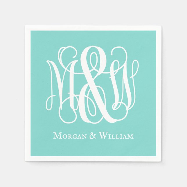 Turq Aqua White B&G Vin Skript Monogram DIY BG Pappersservett (Framsidan)
