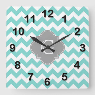 Turq/Aqua White Chevron Grått Quatrefoil Monogram Fyrkantig Klocka