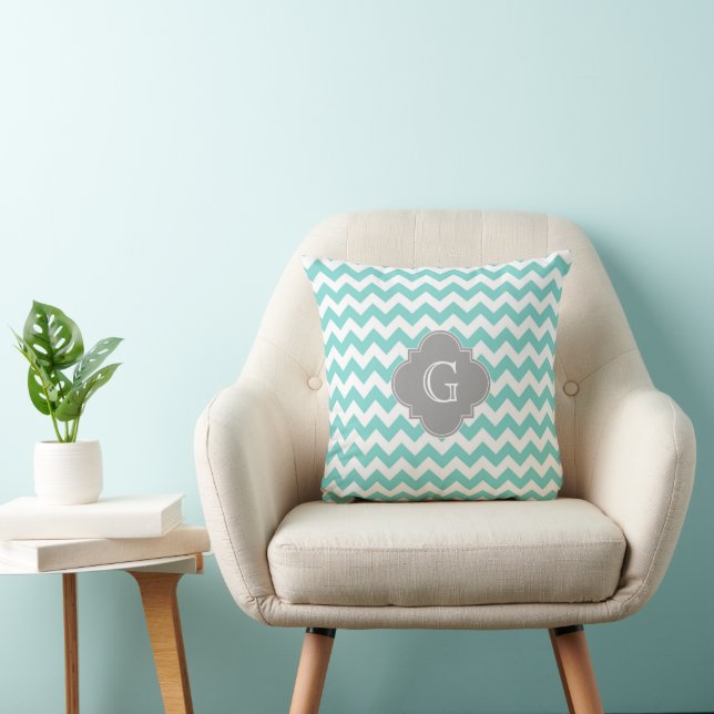 Turq/Aqua White Chevron Grått Quatrefoil Monogram Kudde (Stol)