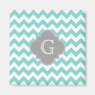 Turq/Aqua White Chevron Grått Quatrefoil Monogram Magnet