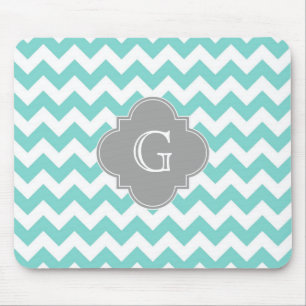 Turq/Aqua White Chevron Grått Quatrefoil Monogram Musmatta