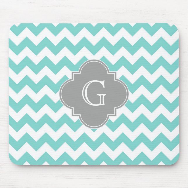 Turq/Aqua White Chevron Grått Quatrefoil Monogram Musmatta (Framsidan)