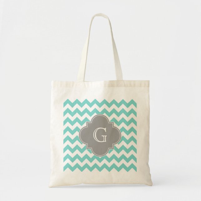 Turq/Aqua White Chevron Grått Quatrefoil Monogram Tygkasse (Framsidan)