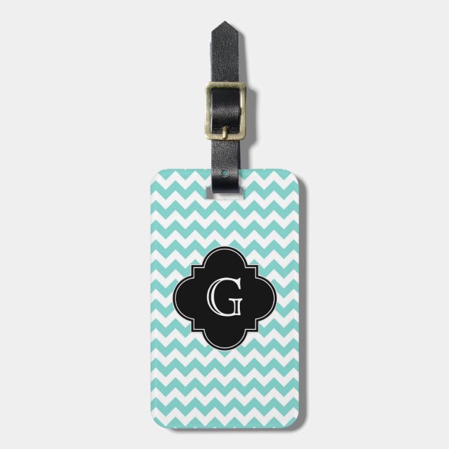 Turq/Aqua Wht Chevron Black Quatrefoil Monogram Bagagebricka (Vertikal Framsida)