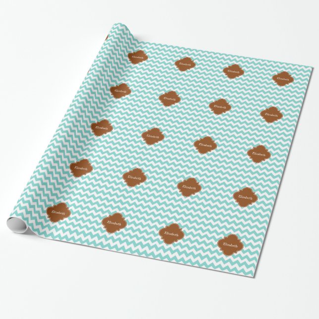 Turq/Aqua Wht Chevron Brown Quatrefoil Monogram Presentpapper (Utrullad)