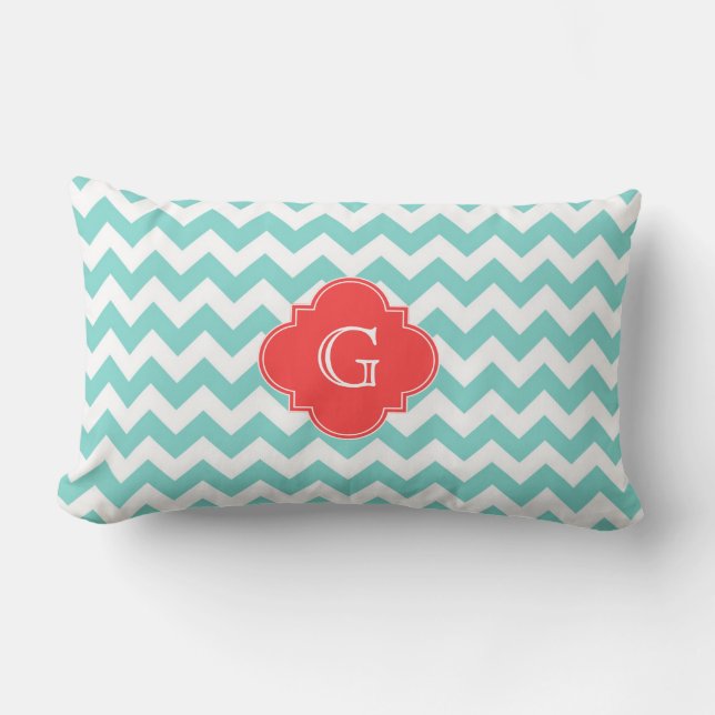 Turq/Aqua Wht Chevron Coral Quatrefoil Monogram Lumbarkudde (Framsida)