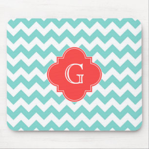 Turq/Aqua Wht Chevron Coral Quatrefoil Monogram Musmatta