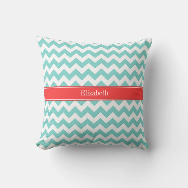 Turq/Aqua Wht Chevron Coral Red Namn Monogram Kudde (Framsida)