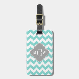 Turq / Aqua Wht Chevron Grått 3 Initialt monogram Bagagebricka