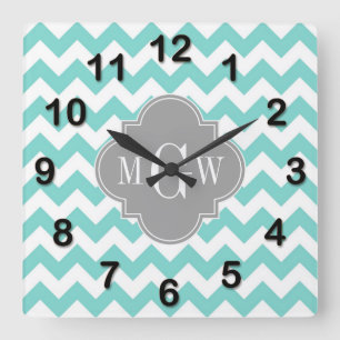 Turq / Aqua Wht Chevron Grått 3 Initialt monogram Fyrkantig Klocka