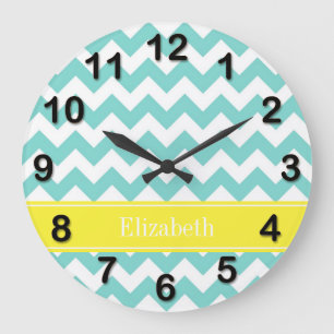 Turq/Aqua Wht Chevron Gult Namn Monogram Stor Klocka