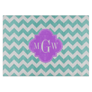 Turq / Aqua Wht Chevron Lilac 3 Initial Monogram