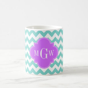 Turq / Aqua Wht Chevron Lilac 3 Initial Monogram Kaffemugg