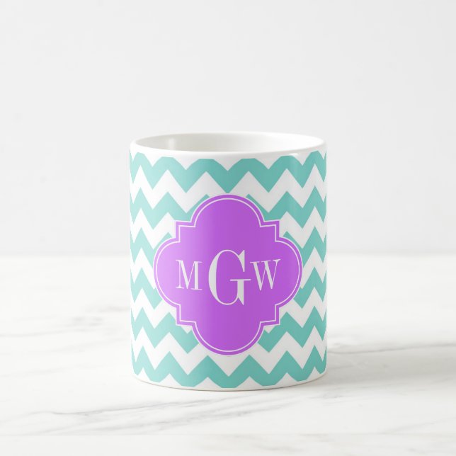 Turq / Aqua Wht Chevron Lilac 3 Initial Monogram Kaffemugg (Center)