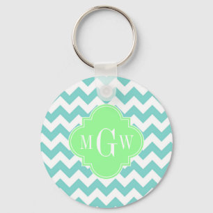 Turq/Aqua Wht Chevron Mint 3 första monogram Nyckelring