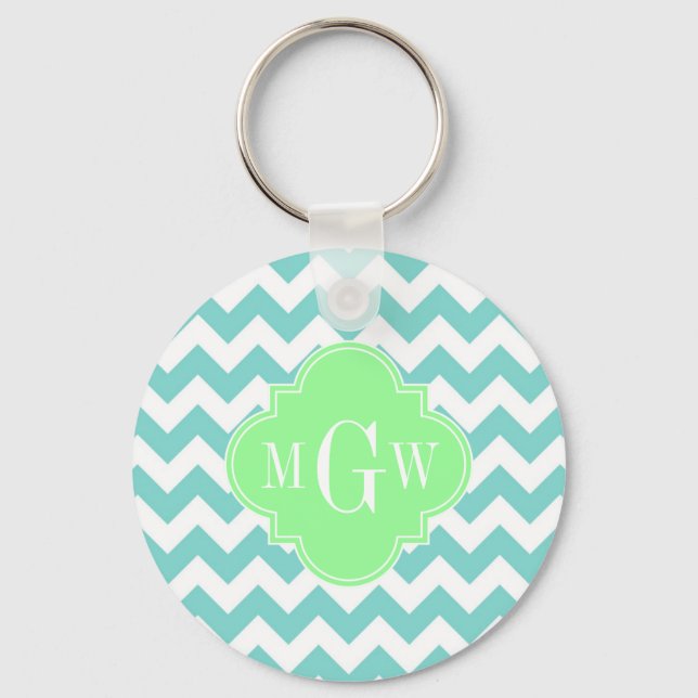 Turq/Aqua Wht Chevron Mint 3 första monogram Nyckelring (Framsida)