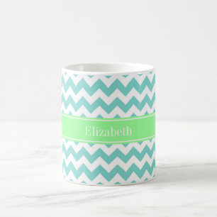 Turq/Aqua Wht Chevron Mint Grönt Namn Monogram Kaffemugg