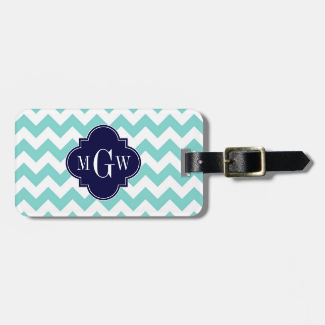Turq / Aqua Wht Chevron Navy 3 Initial Monogram Bagagebricka (Horisontell Framsida)