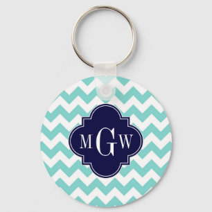 Turq / Aqua Wht Chevron Navy 3 Initial Monogram Nyckelring