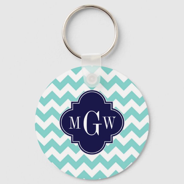 Turq / Aqua Wht Chevron Navy 3 Initial Monogram Nyckelring (Framsida)