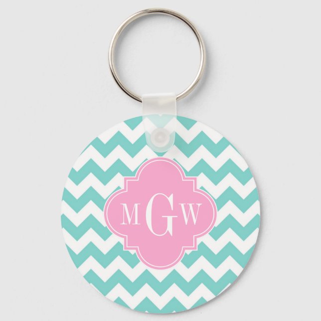 Turq / Aqua Wht Chevron Rosa 3 Initial Monogram Nyckelring (Framsida)