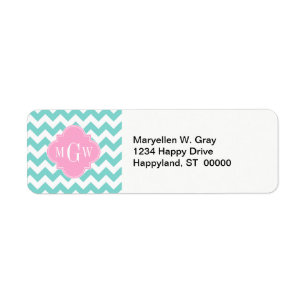 Turq / Aqua Wht Chevron Rosa 3 Initial Monogram Returadress Etikett