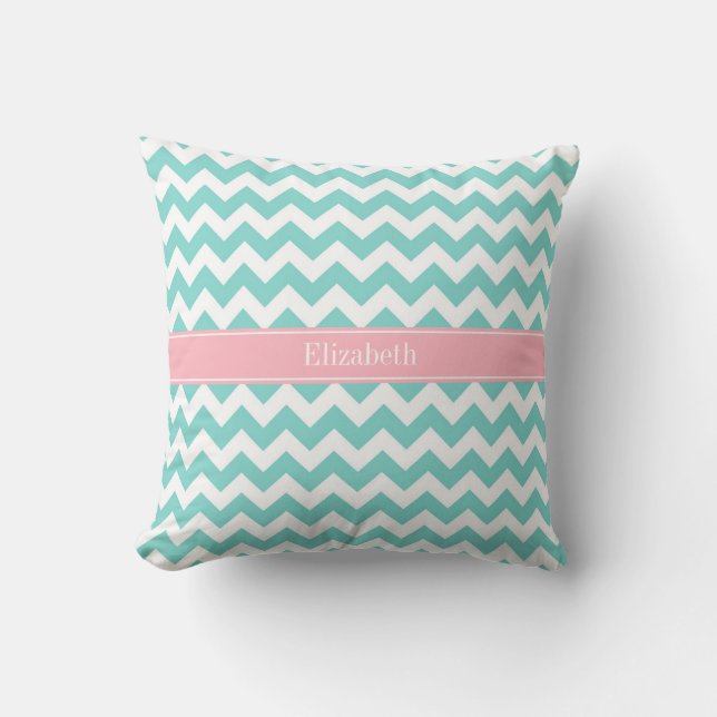 Turq/Aqua Wht Chevron Rosa Namn Monogram Kudde (Framsida)