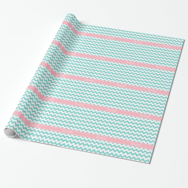 Turq/Aqua Wht Chevron Rosa Namn Monogram Presentpapper (Utrullad)