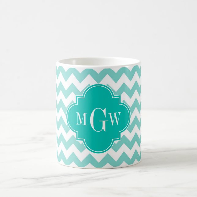 Turq / Aqua Wht Chevron Teal 3 Initial Monogram Kaffemugg (Center)