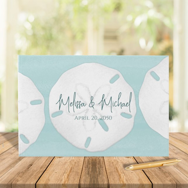 Turqiouse Bröllop-persiennernas minimalistiska son Gästböcker (Beach destination wedding coastal nautical sand dollar custom guestbook)
