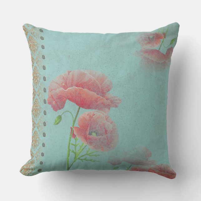 Turqoise Baroque Poppies - Pillow Kudde (Framsida)