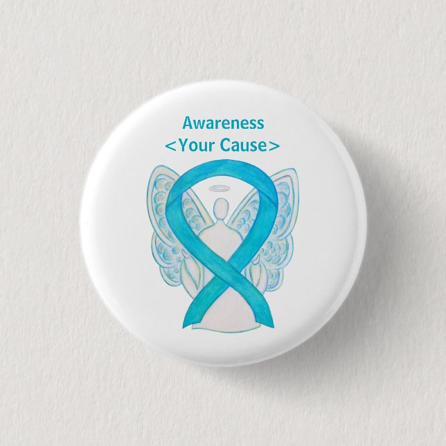 Turqoise Blue Awareness Ribbon Angel Pin Button Knapp (Framsida)