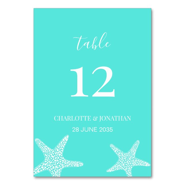 Turqoise Modern Tropical Starfish Beach Wedding Bordsnummer (Framsidan)