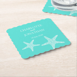 Turqoise Modern Tropical Starfish Beach Wedding Underlägg Papper