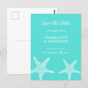 Turqoise Modern Tropical Starfish Beach Wedding Vykort