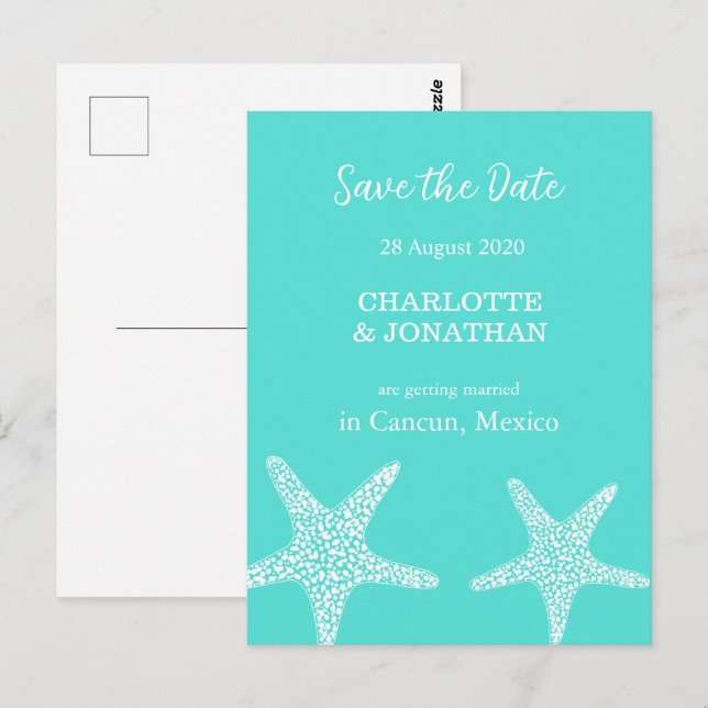 Turqoise Modern Tropical Starfish Beach Wedding Vykort (Fram/baksida)