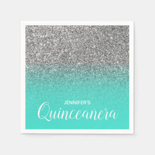 Turqoise och Silver Glitter Ombre Quinceanera Pappersservett