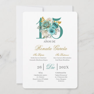Turqouise floral quinceañera invitation inbjudningar