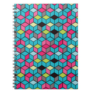 Turqouise och Rosa Cube Mönster Anteckningsbok Med Spiral