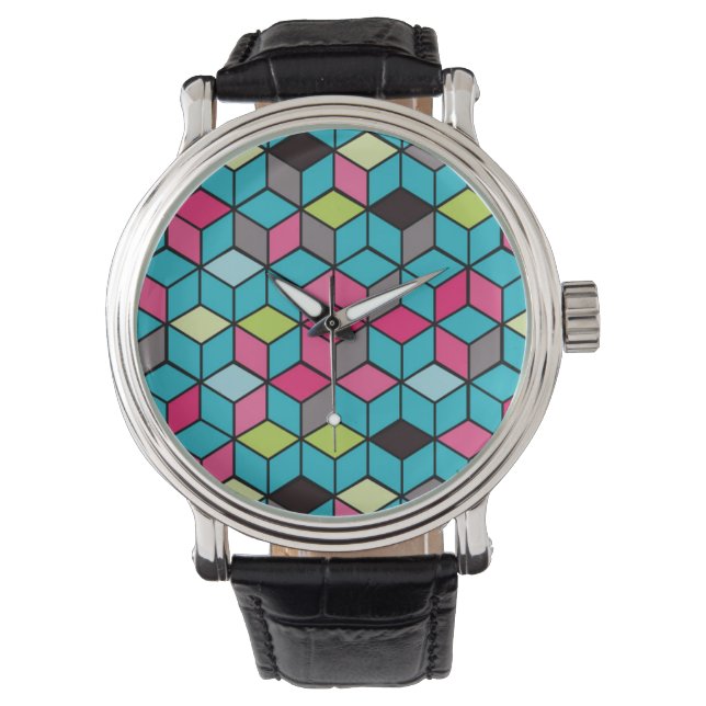 Turqouise och Rosa Cube Mönster Armbandsur (Framsida)