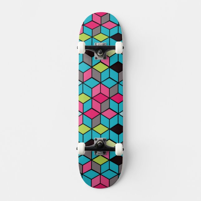 Turqouise och Rosa Cube Mönster Skateboard Bräda 19,5 Cm (Framsida)