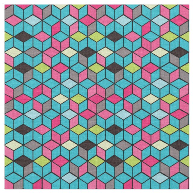 Turqouise och Rosa Cube Mönster Tyg (Närbild)