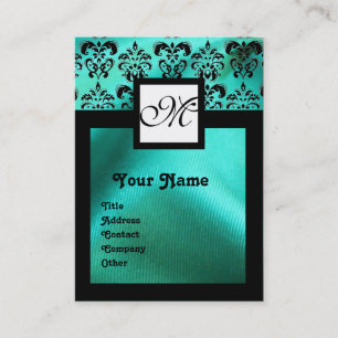 TURQUASE BLUE SILKE DAMASK TRASA, SQUARE MONOGRAM VISITKORT