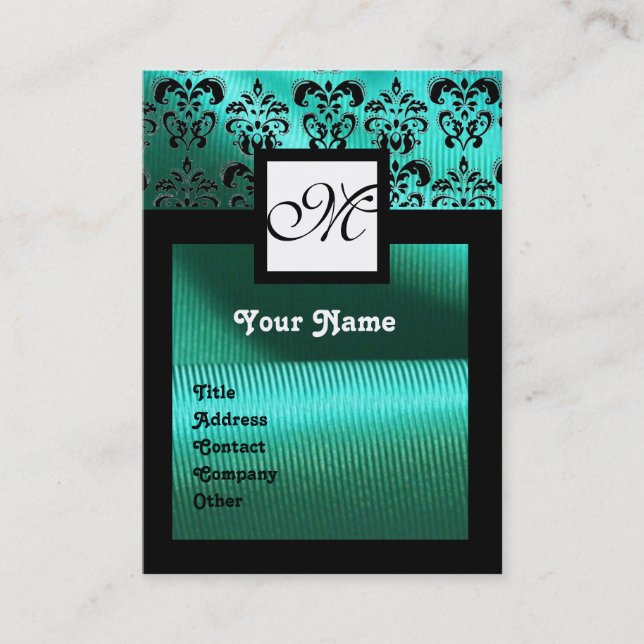 TURQUASE BLUE SILKE DAMASK TRASA, SQUARE MONOGRAM VISITKORT (Framsida)