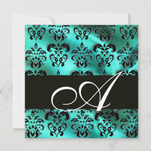 TURQUASE GRÖNT SILKE DAMASK TRASA MONOGRAM, vit Inbjudningar
